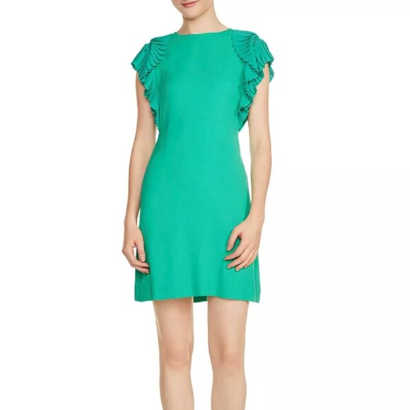 Maje Rolana Ruffle Pleated-Shoulder Green A-Line Fitted Party Mini Dress Medium - Picture 1 of 8